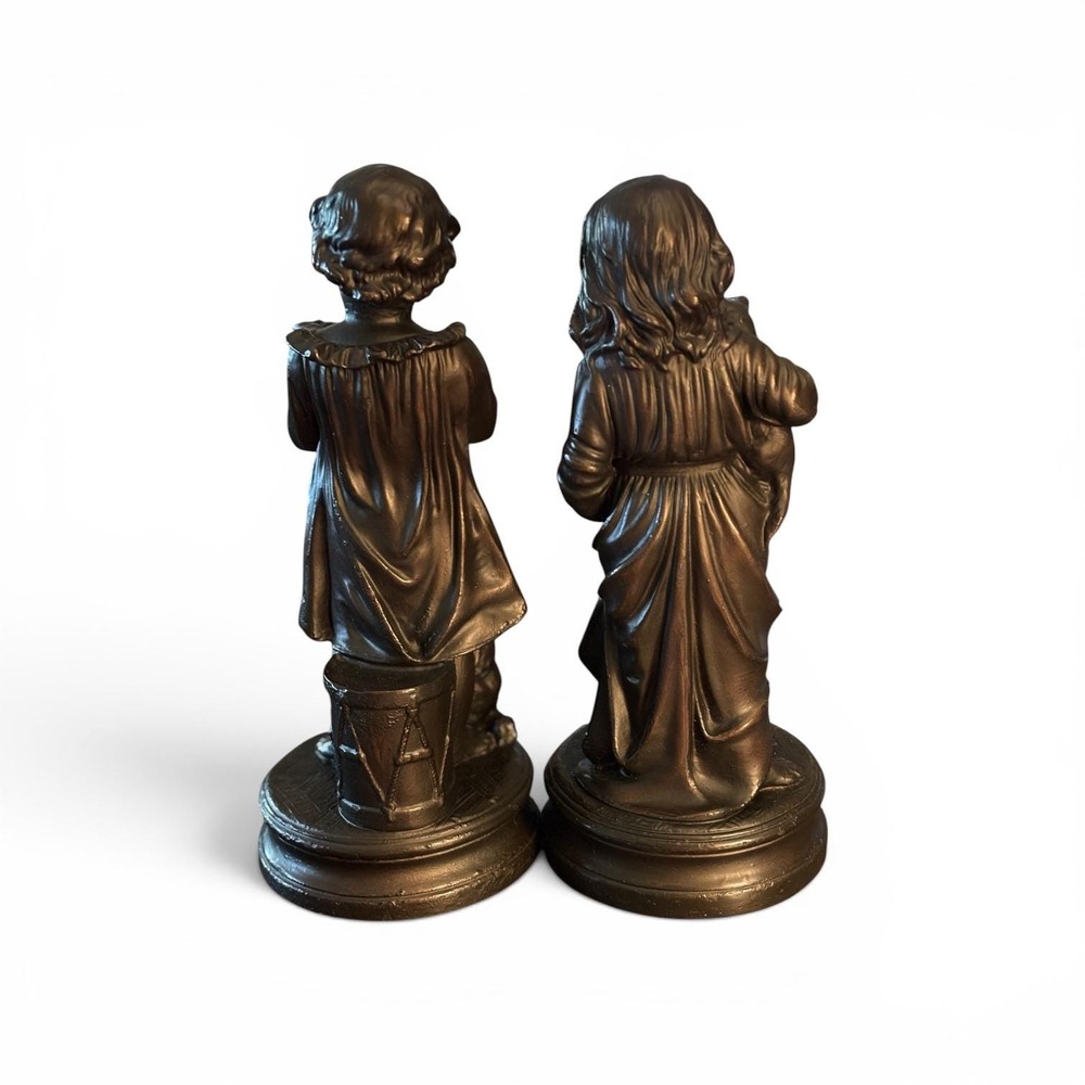 Vintage Pair Bronze Finish Children Figurines Family Cares Boy Girl Statues - Picture 5 of 11